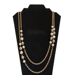 Metal and Plastic Faux Pearl Beaded Gold Toned Long Length Rope Chain Necklace
